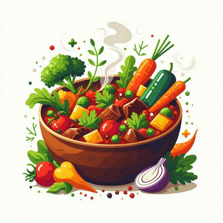 Vegetable stew in a wooden bowl with vegetables. Vector illustration.のイラスト素材