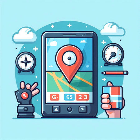 Smartphone with map and navigation icons. Vector illustration in flat styleのイラスト素材