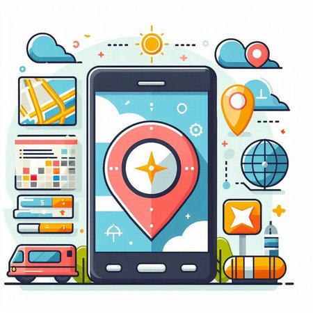 Smartphone with GPS navigation app on screen. Flat vector illustration.のイラスト素材