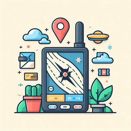GPS navigation app in flat line design style. Vector illustration.のイラスト素材