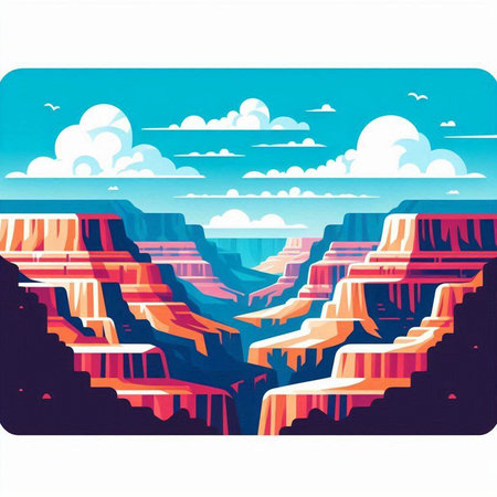 Cartoon landscape with red rocks and blue sky. Vector illustration.のイラスト素材