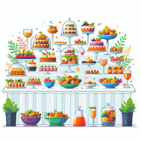 Fruit shop counter with different fruits and berries. Vector illustration.のイラスト素材