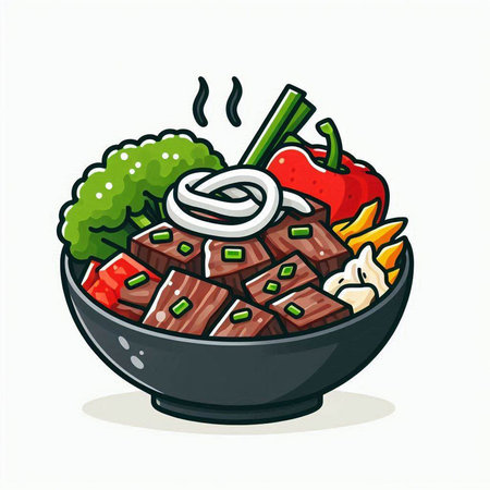 Illustration of japanese rice bowl with beef and vegetables.のイラスト素材