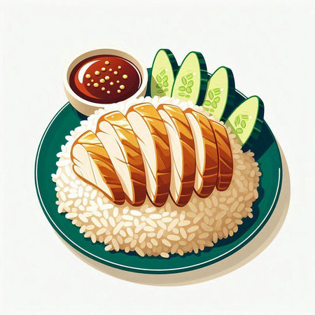 Illustration of fried chicken with rice and cucumber on a plateのイラスト素材