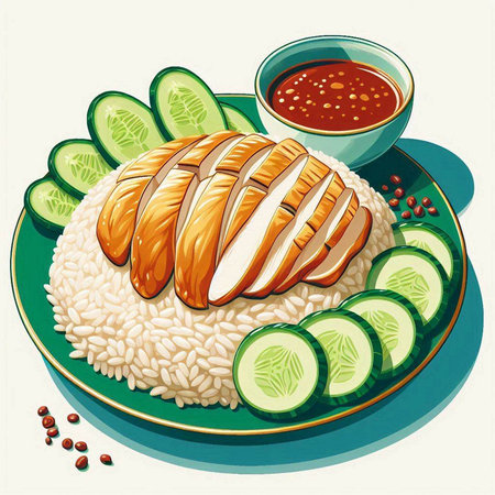 Illustration of grilled chicken with rice and cucumber on a plateのイラスト素材