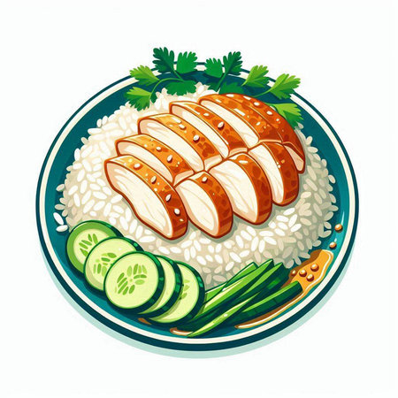 Illustration of grilled chicken on rice with cucumber and parsleyのイラスト素材