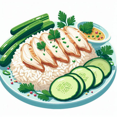 Illustration of a plate of rice with chicken fillet and cucumberのイラスト素材