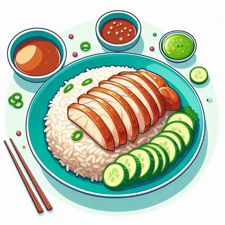 Illustration of a Sliced Hainanese Pork on Riceのイラスト素材