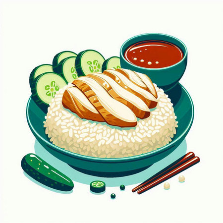 Illustration of grilled chicken on rice with soy sauce and cucumberのイラスト素材