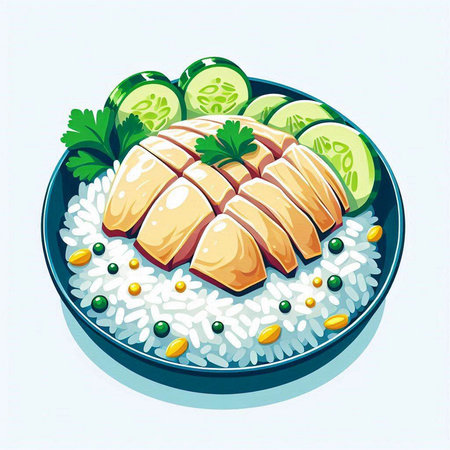 Illustration of a bowl of rice with chicken and cucumber.のイラスト素材