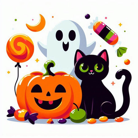 Halloween vector illustration with black cat, ghost, pumpkin, candies and candy.のイラスト素材
