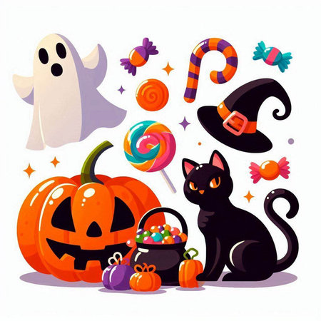 Halloween vector illustration with black cat, candies, pumpkins and sweets.のイラスト素材