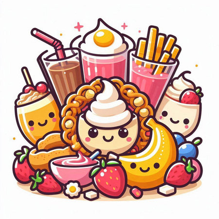 Cute kawaii ice cream with fruits. Vector illustration.のイラスト素材