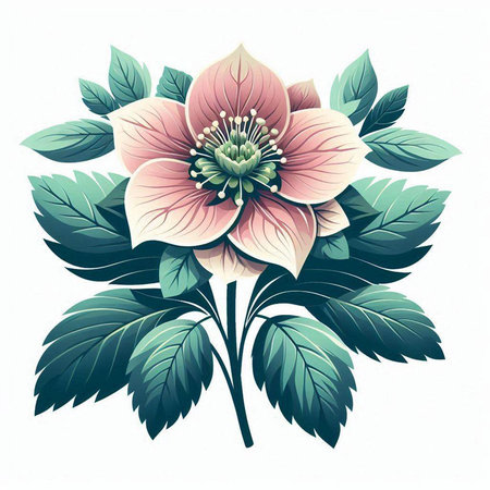 Vector illustration of pink hellebore flower with green leaves isolated on white background.のイラスト素材