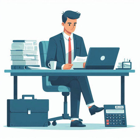 Businessman sitting at desk and working on laptop. Vector illustration.のイラスト素材