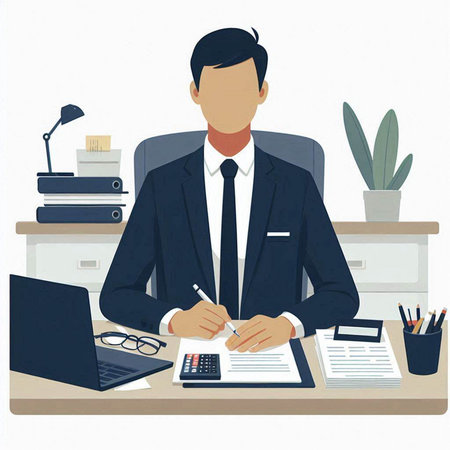 Businessman sitting at the desk in office. Vector illustration in flat style.のイラスト素材