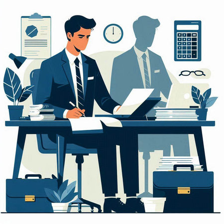 Vector illustration of a businessman working in the office. Business concept.のイラスト素材