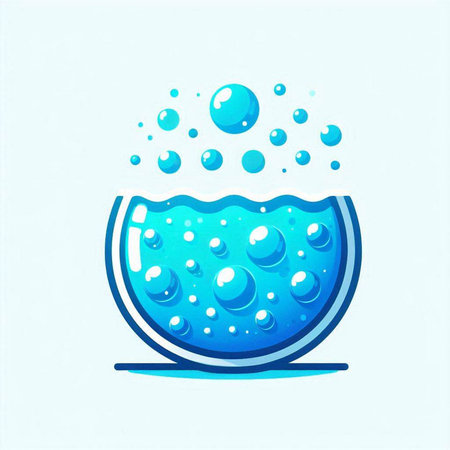 Illustration of a water bowl with bubbles on a blue background.のイラスト素材