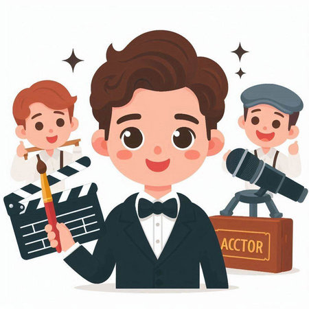 Cute cartoon boy with a movie clapper. Vector illustration.のイラスト素材