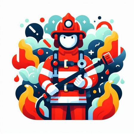Firefighter with a fire extinguisher. Flat style vector illustration.のイラスト素材
