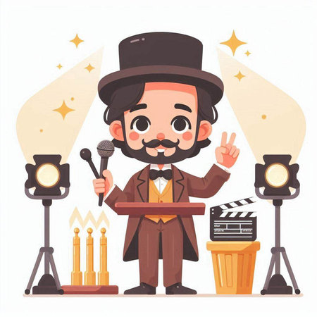 Cartoon man with mustache in bowler hat and bow tie holding microphone and clapperboard.のイラスト素材