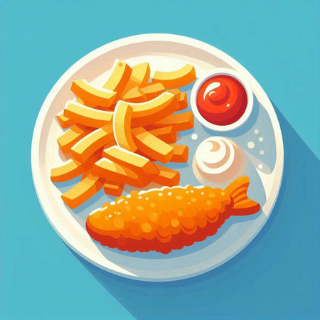 Illustration of fried fish and chips with ketchup and mayonnaiseのイラスト素材
