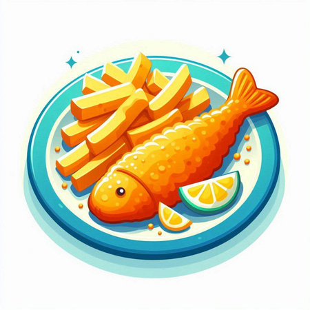 Fish and chips on a plate. Vector illustration in cartoon style.のイラスト素材
