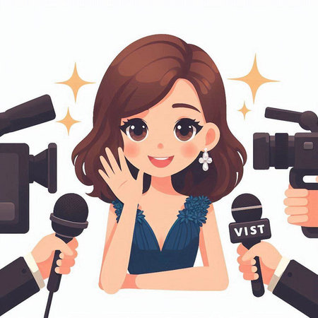 Cute cartoon girl with microphone and interview set. Vector illustration.のイラスト素材