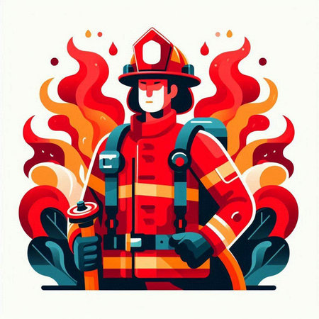 Firefighter with a torch in his hand. Flat vector illustration.のイラスト素材