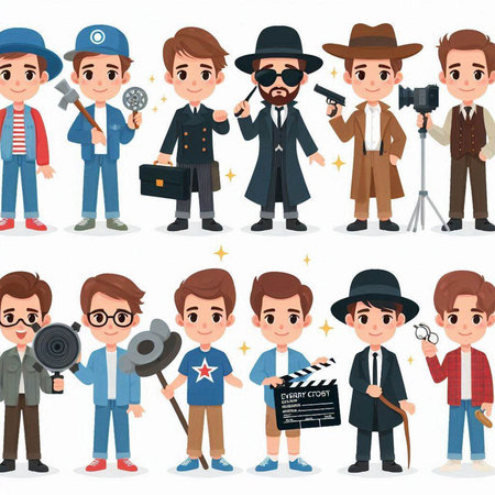 Cartoon detective characters. Vector illustration of man in hat, police officer, journalist, cameraman, spy agent, reporter.のイラスト素材