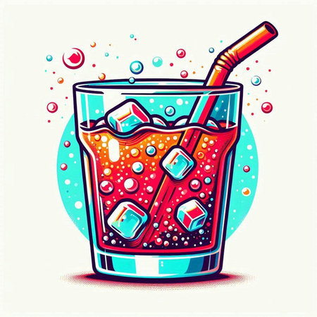 Cocktail with ice cubes and straw in a glass. Vector illustration.のイラスト素材