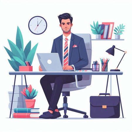 Businessman sitting at desk in office. Vector illustration in cartoon styleのイラスト素材