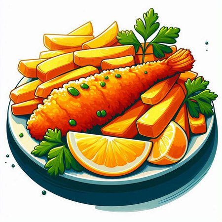 Fried fish with lemon and parsley on a plate. Vector illustration.のイラスト素材