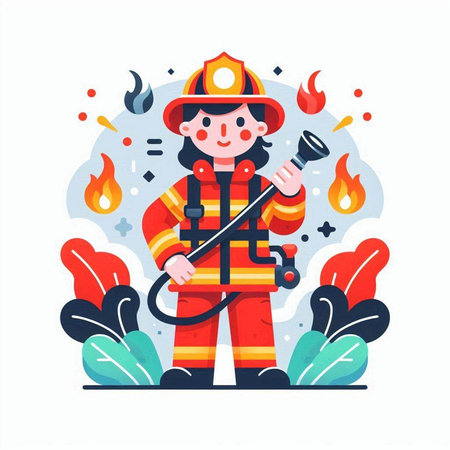 Firefighter character. Fireman in uniform. Flat vector illustration.のイラスト素材