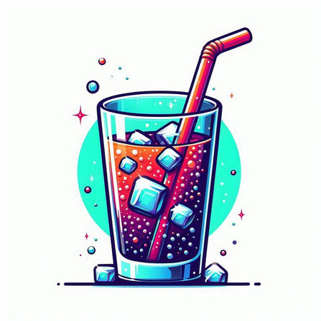 Cocktail with ice cubes and straw. Vector illustration in cartoon style.のイラスト素材