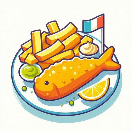 Fish and chips. Vector illustration of fried fish with french fries.のイラスト素材