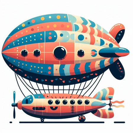 Vector illustration of cute cartoon airship with different elements isolated on white background.のイラスト素材