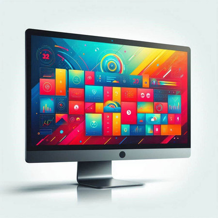 Computer monitor with colorful application icons isolated on white background. Vector illustration.のイラスト素材