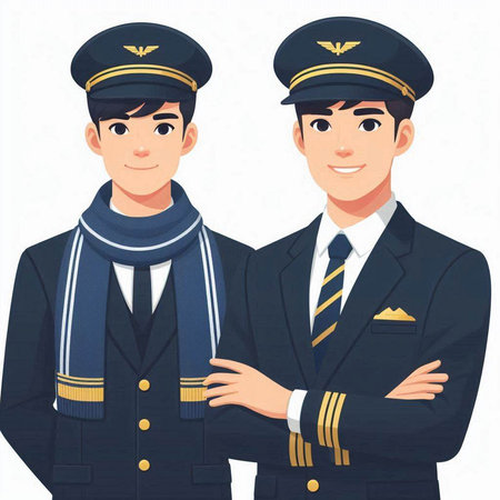 Two pilots in uniform isolated on white background. Cartoon vector illustration.のイラスト素材