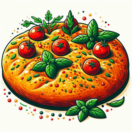 Vegetarian pizza with tomatoes and basil. Vector illustration in retro style.のイラスト素材