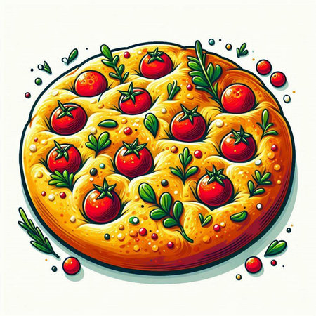 Illustration of pizza with cherry tomatoes and herbs on a white backgroundのイラスト素材