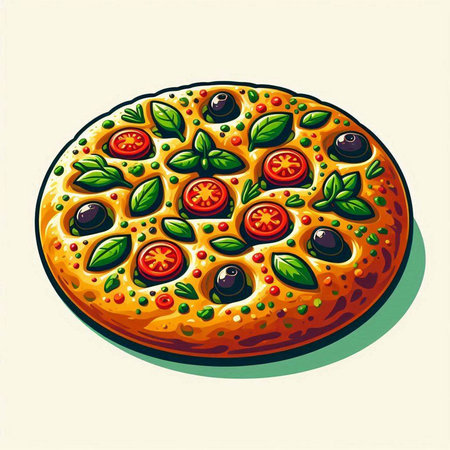 Pizza with tomato, olives and basil. Vector illustration.のイラスト素材