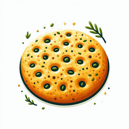 Illustration of a round pizza with olives and herbs on a white backgroundのイラスト素材