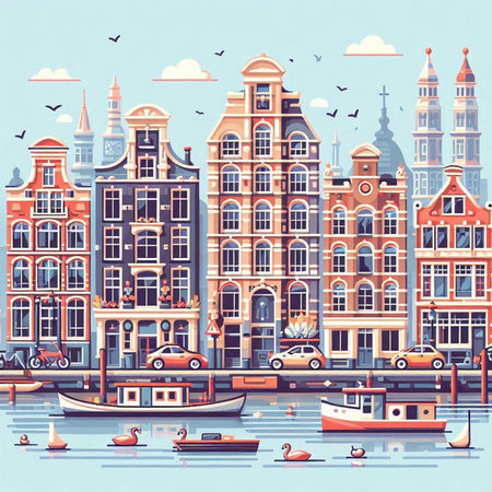 Amsterdam, Netherlands cityscape. Hand drawn vector illustration in sketch style.のイラスト素材