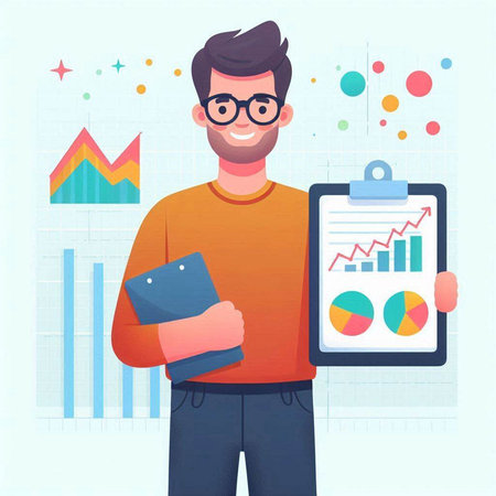 Young man with clipboard and financial charts. Vector illustration in cartoon styleのイラスト素材