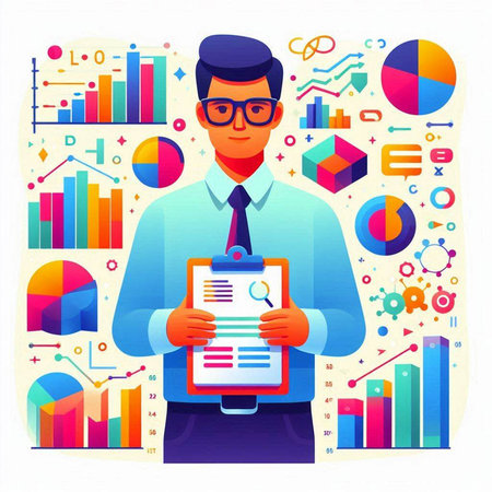 Businessman holding clipboard with business charts and graphs. Vector illustration in flat styleのイラスト素材