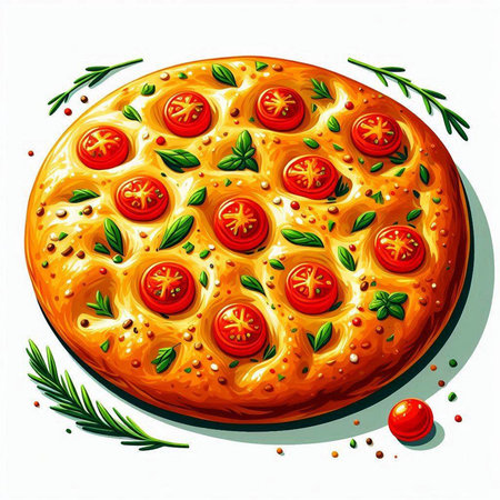 Illustration of a pizza with tomatoes and herbs on a white backgroundのイラスト素材