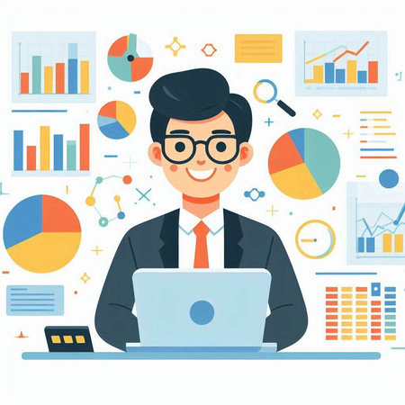 Businessman working with laptop in office. Flat style vector illustration.のイラスト素材