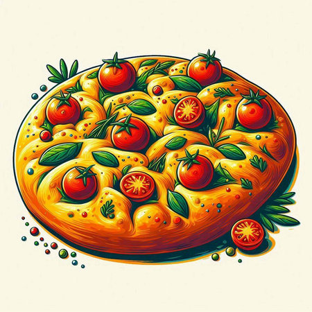 Illustration of a pizza with tomatoes and olives on a white backgroundのイラスト素材