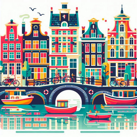 Amsterdam, Holland. Colorful vector illustration in retro style.のイラスト素材